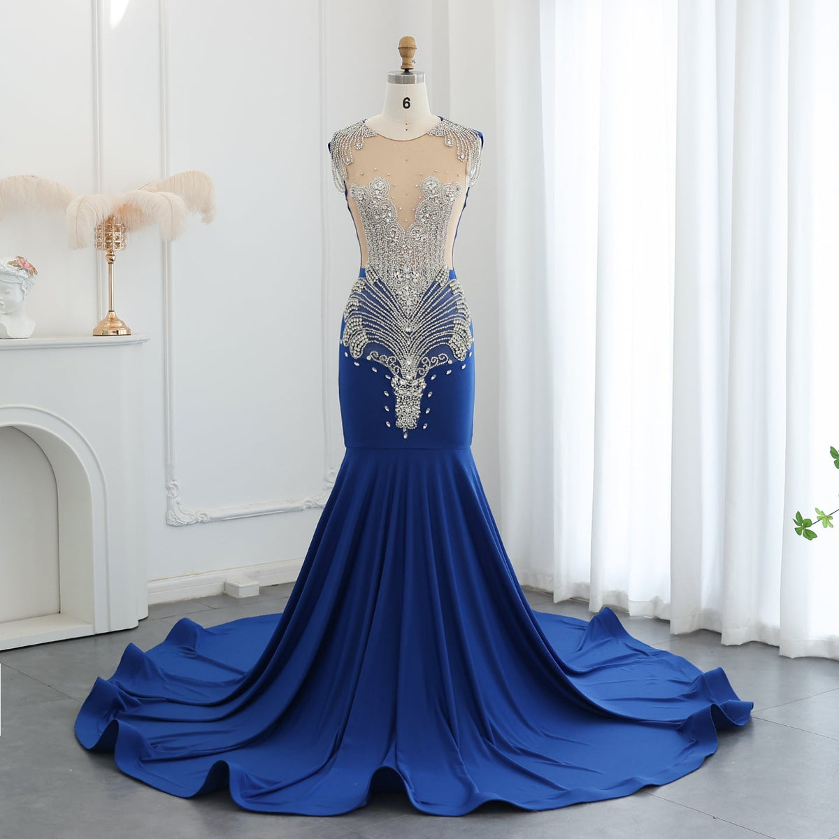 Luxury Crystal Royal Blue Mermaid Prom Dresses with Train RM057