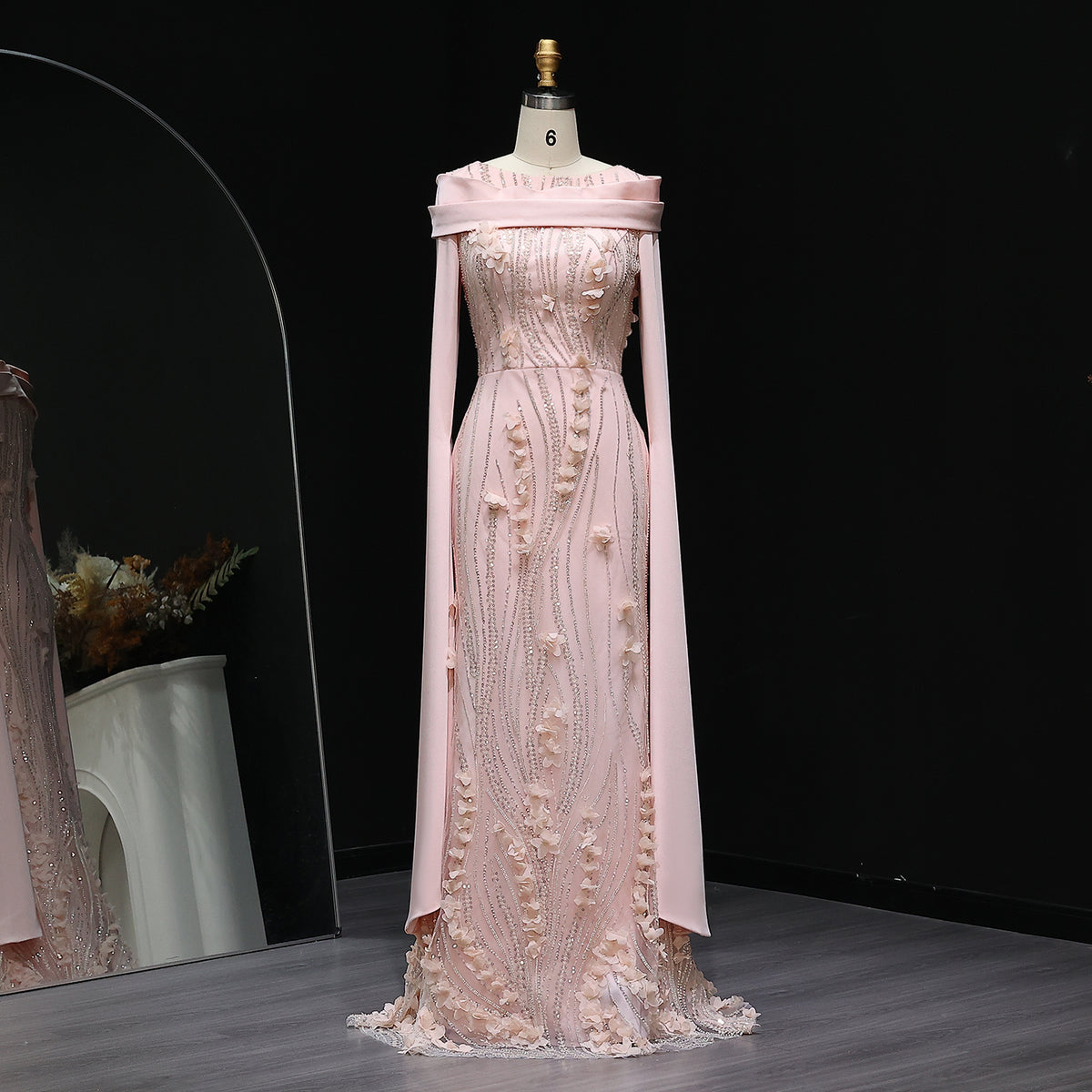 Gorgeous 3D Floral Pink Evening Dress with Cape Sleeves SS272