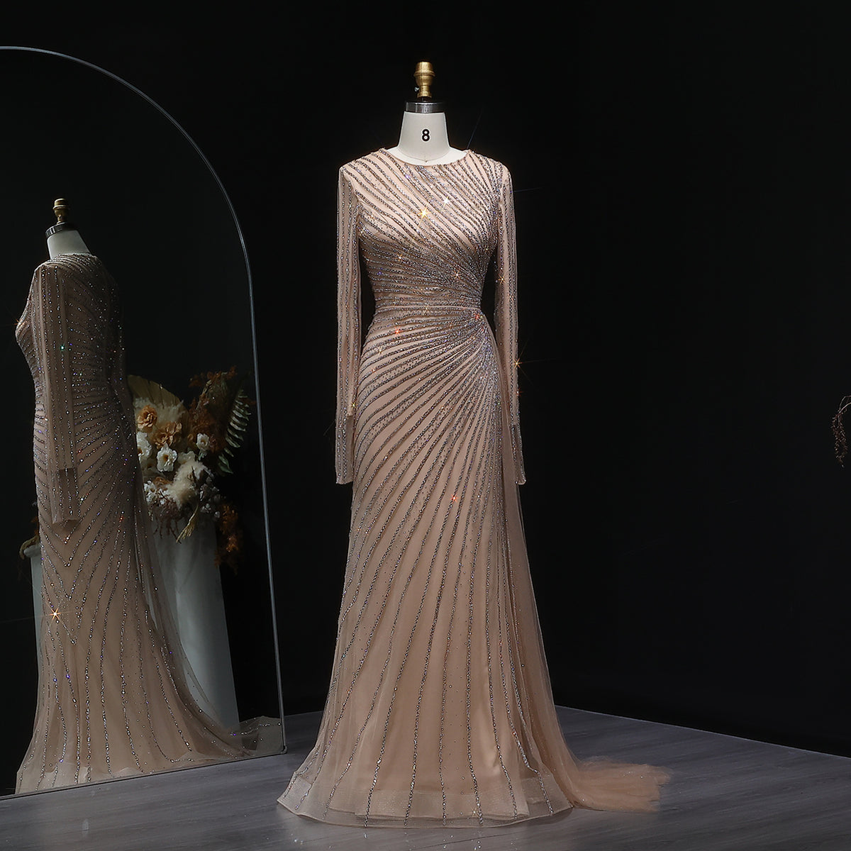 Luxury Beaded Gold Long Sleeves Evening Dress with Overskirt SS113