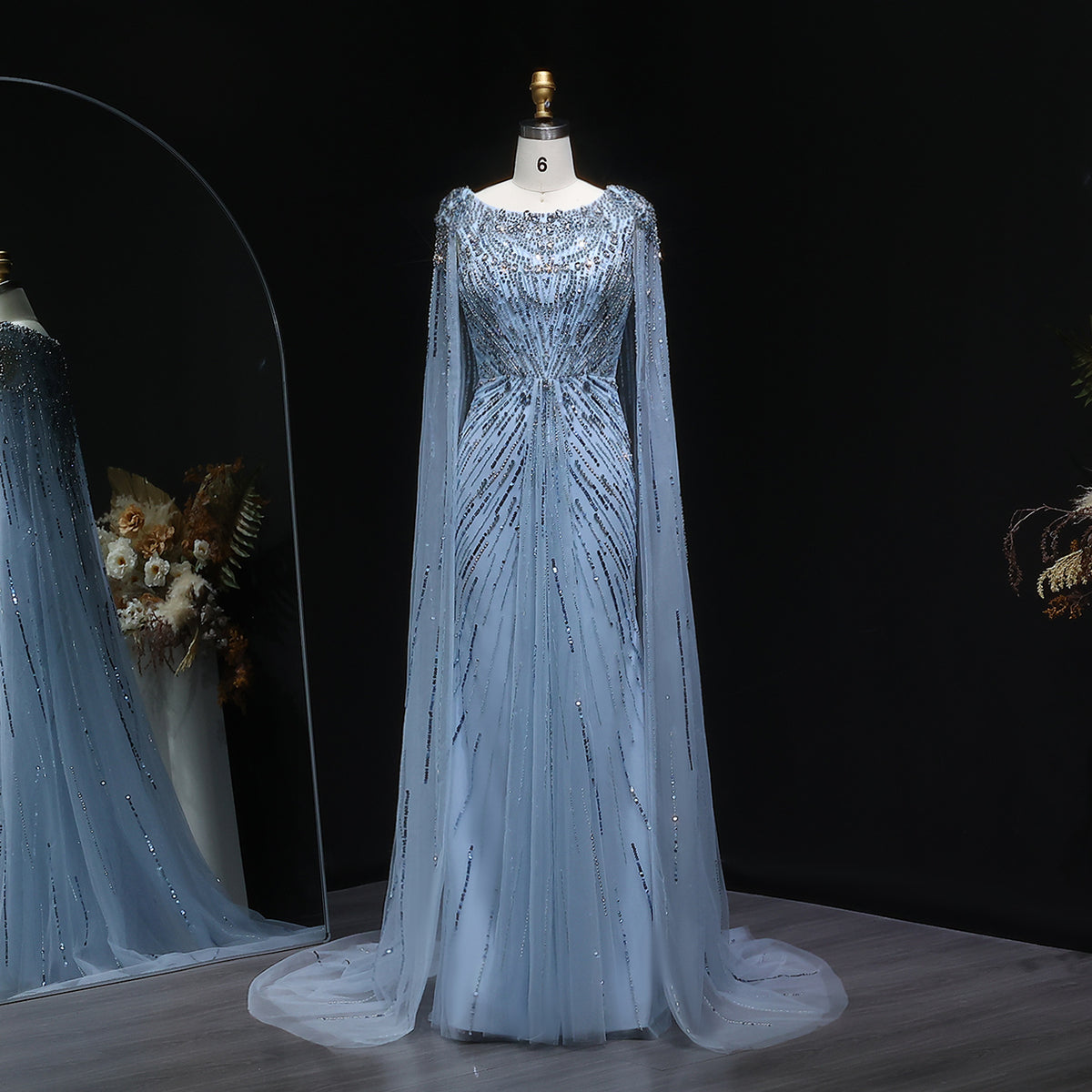 Luxury Crystal Lilac Evening Dress with Cape Sleeves SS549