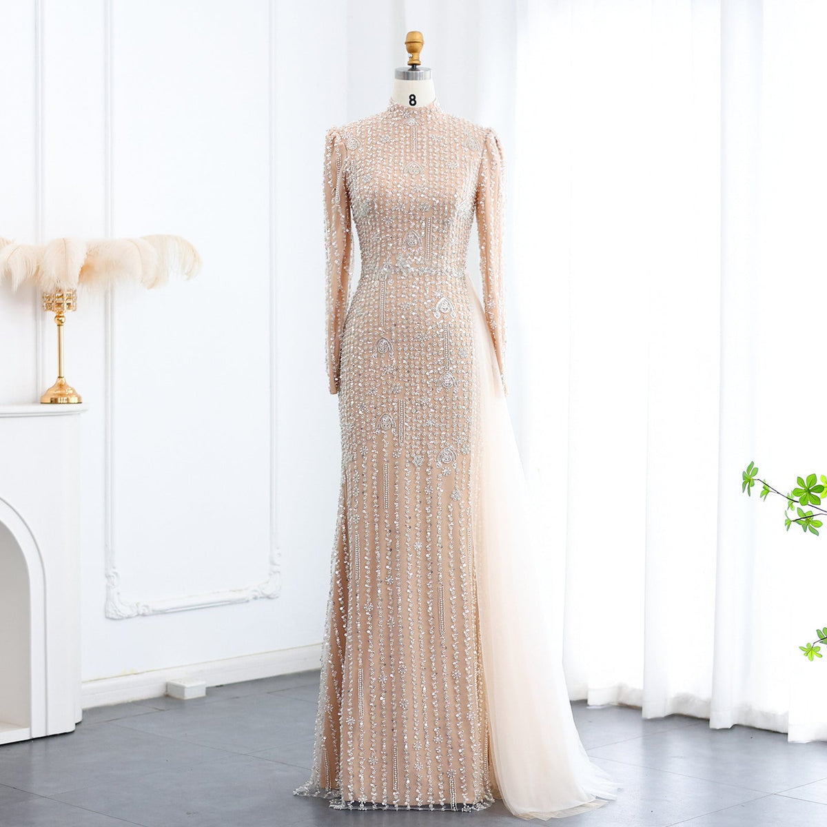 Luxury Long Sleeve Nude Evening Dress with Overskirt SS678