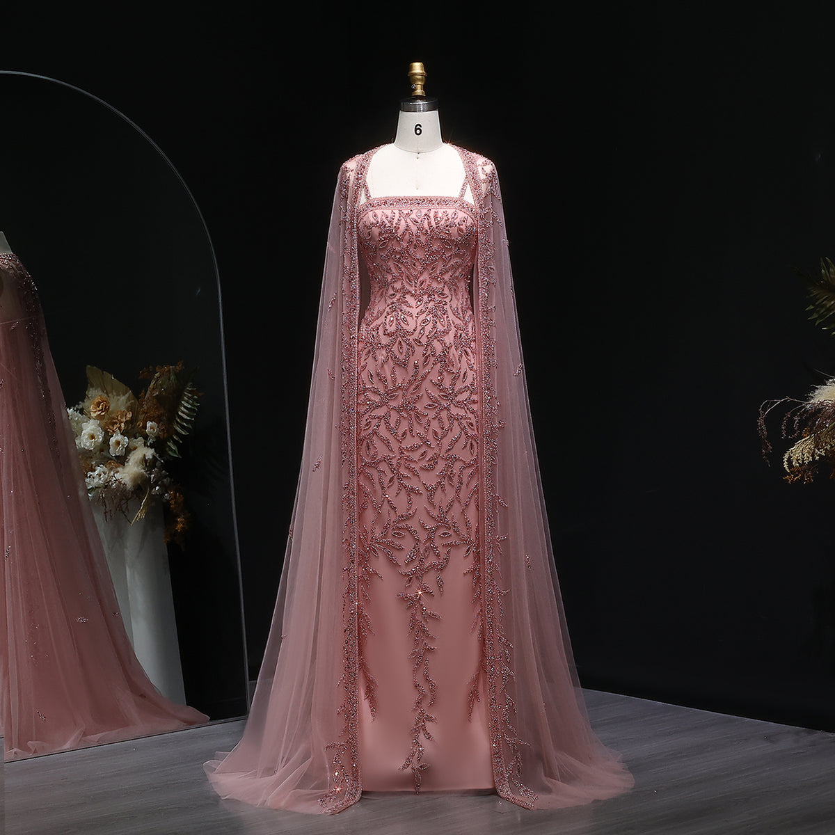 Luxury Crystal Pink Evening Dress with Cape SS393