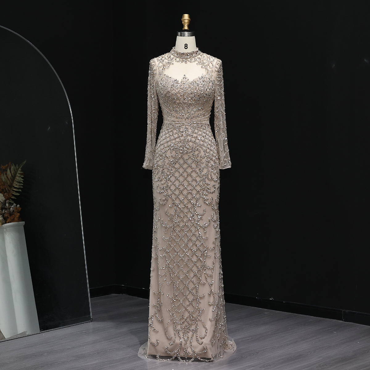 Luxury Heavy Beaded Champagne Evening Dress with Long Sleeves SS097