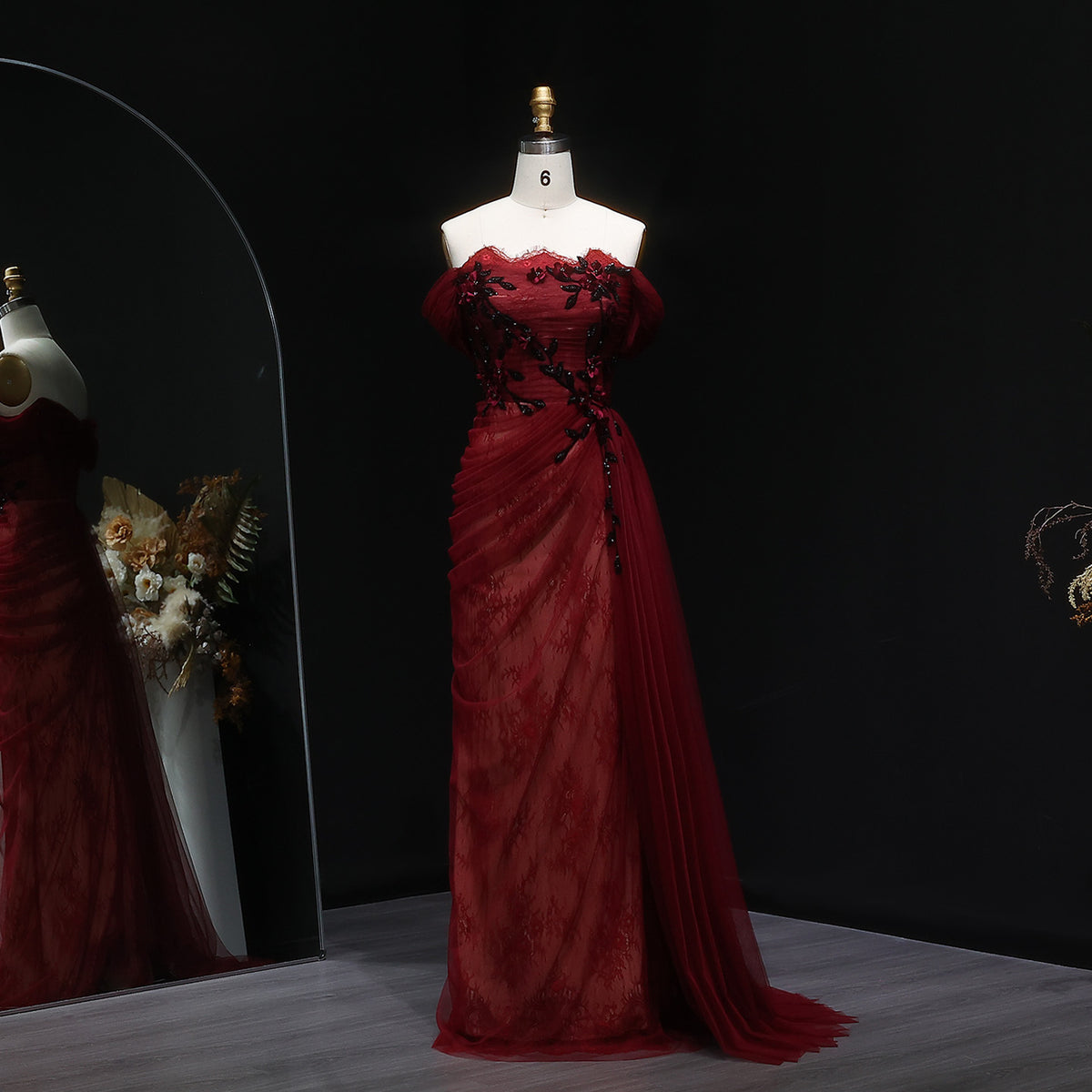 Elegant Red Strapless Mermaid Evening Dress with Overskirt SF270