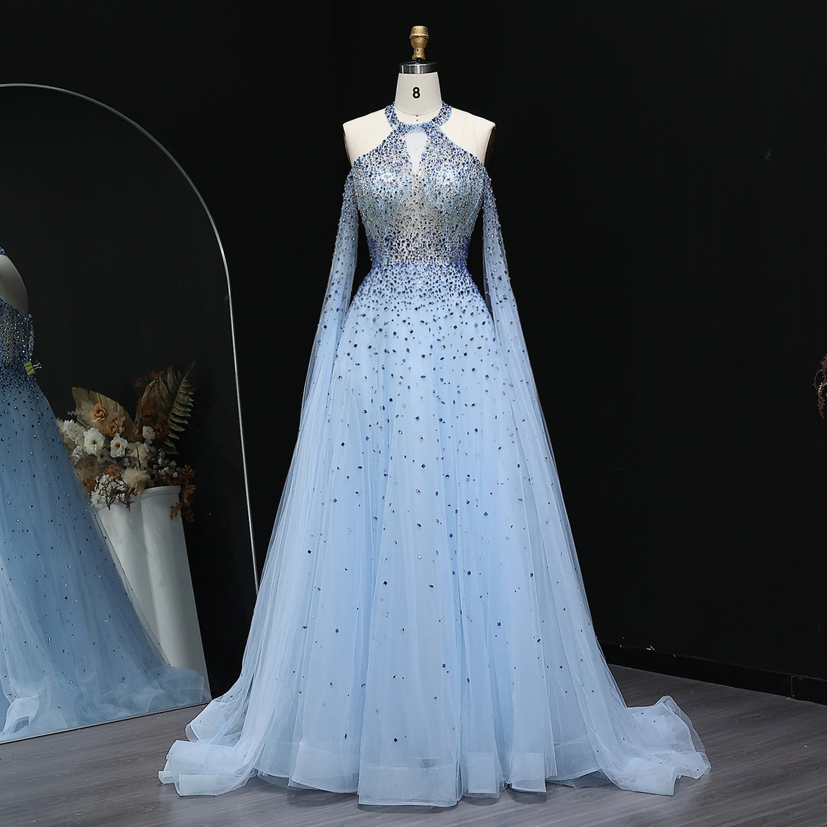 Elegant Crystal Blue Evening Gown with Cape Sleeves SS096