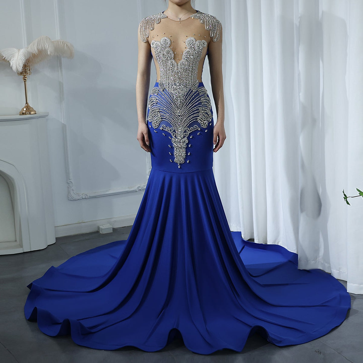 Luxury Crystal Royal Blue Mermaid Prom Dresses with Train RM057