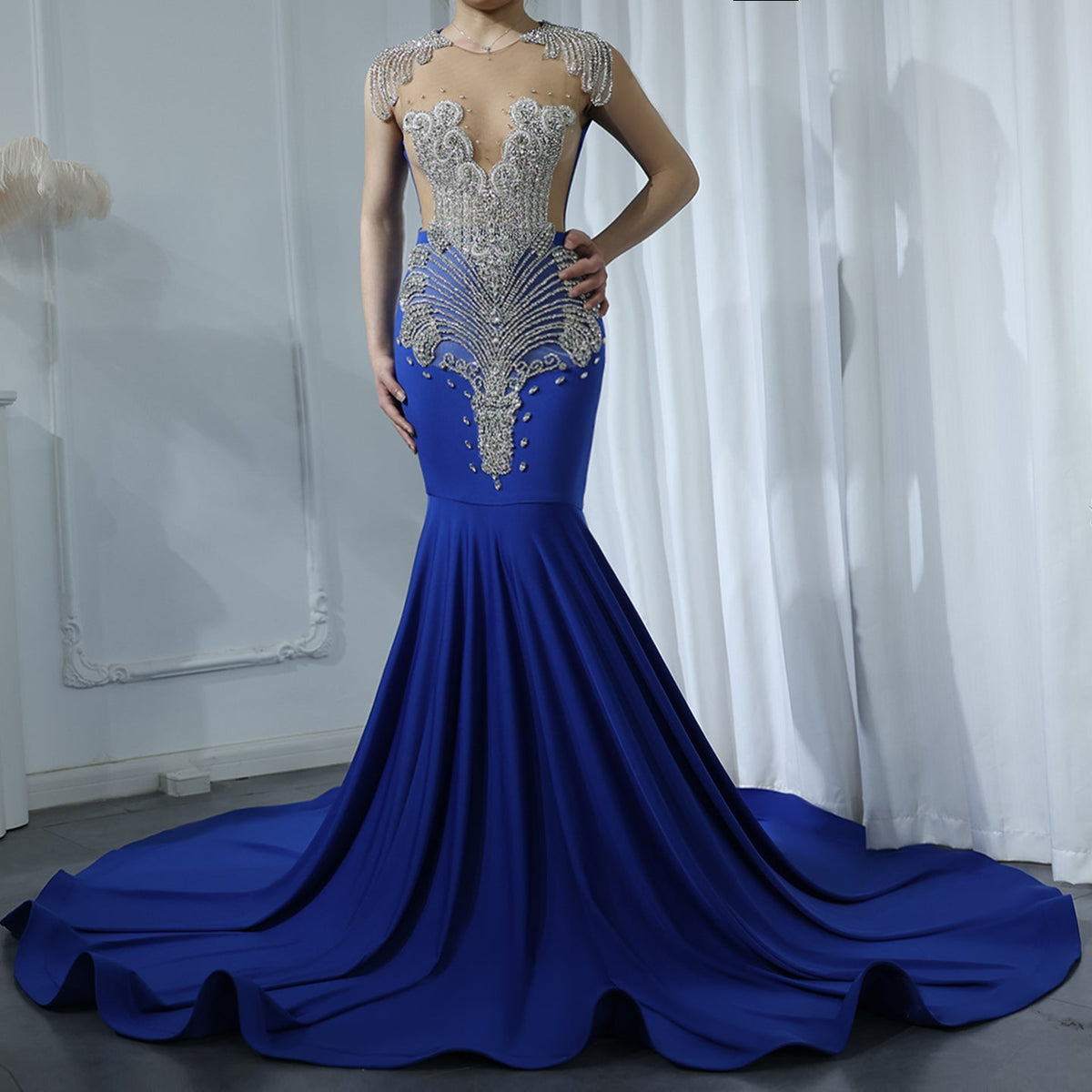 Luxury Crystal Royal Blue Mermaid Prom Dresses with Train RM057