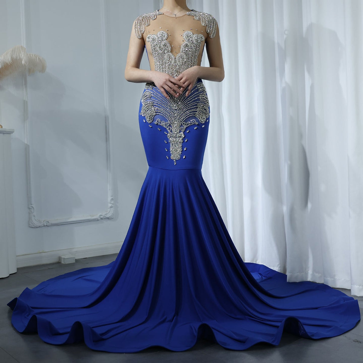 Luxury Crystal Royal Blue Mermaid Prom Dresses with Train RM057