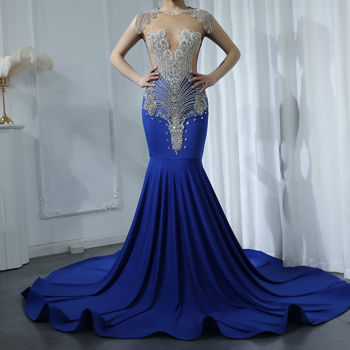 Luxury Crystal Royal Blue Mermaid Prom Dresses with Train RM057