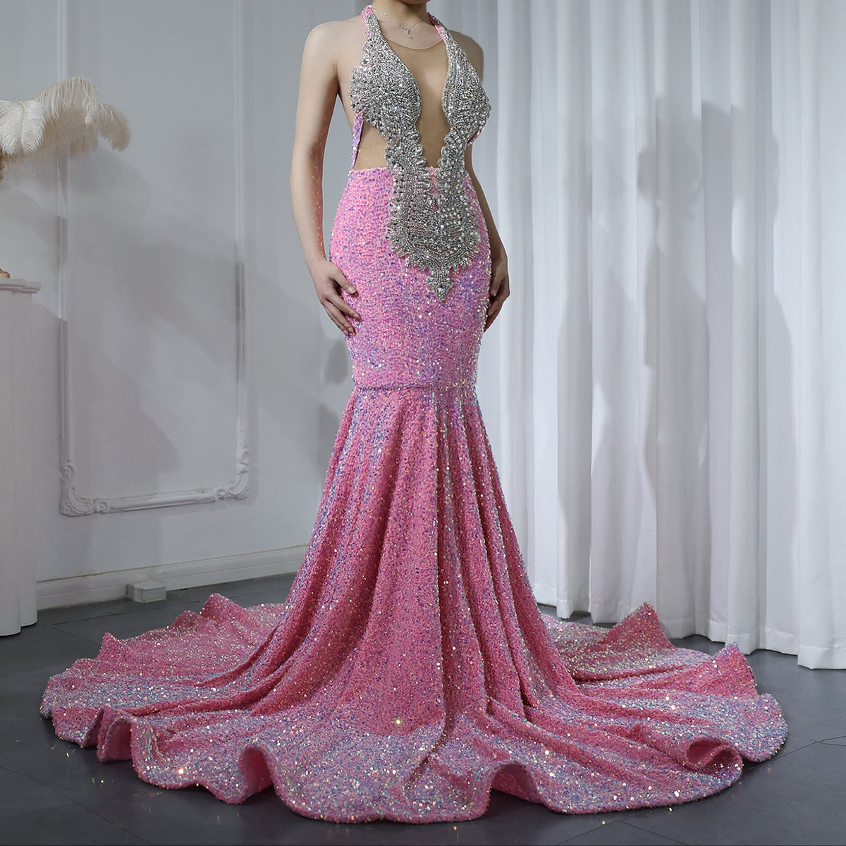 Sparkly Crystal Pink Halter Sequin Mermaid Prom Dress with Train RM056