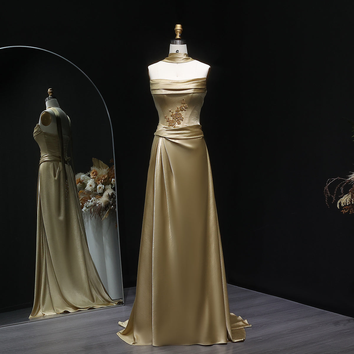 Elegant Gold Satin Evening Dress with Floral Embroidery and Scarf SF286