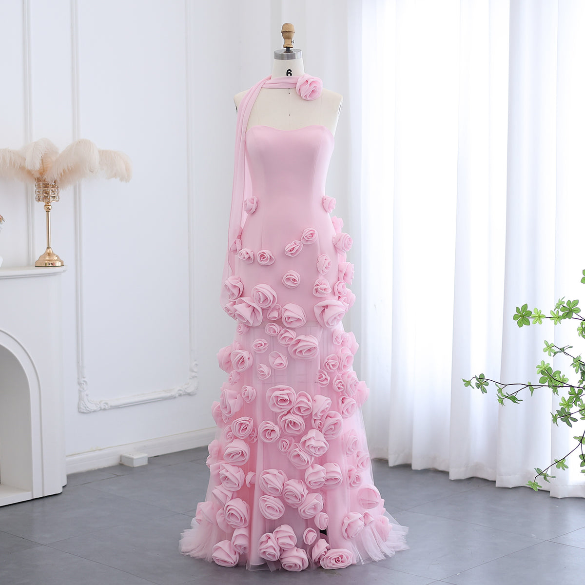 Chic Pink 3D Flowers Strapless Mermaid Evening Dress Side Slit SS207