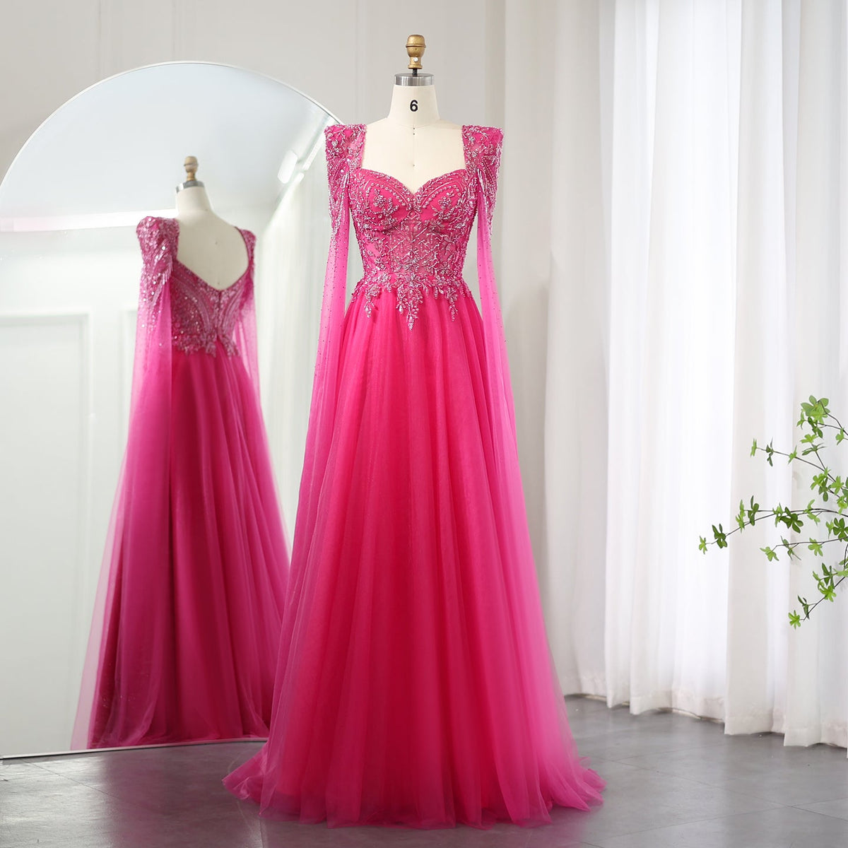 Elegant Beaded Fuchsia Evening Dress with Cape Sleeves SS242