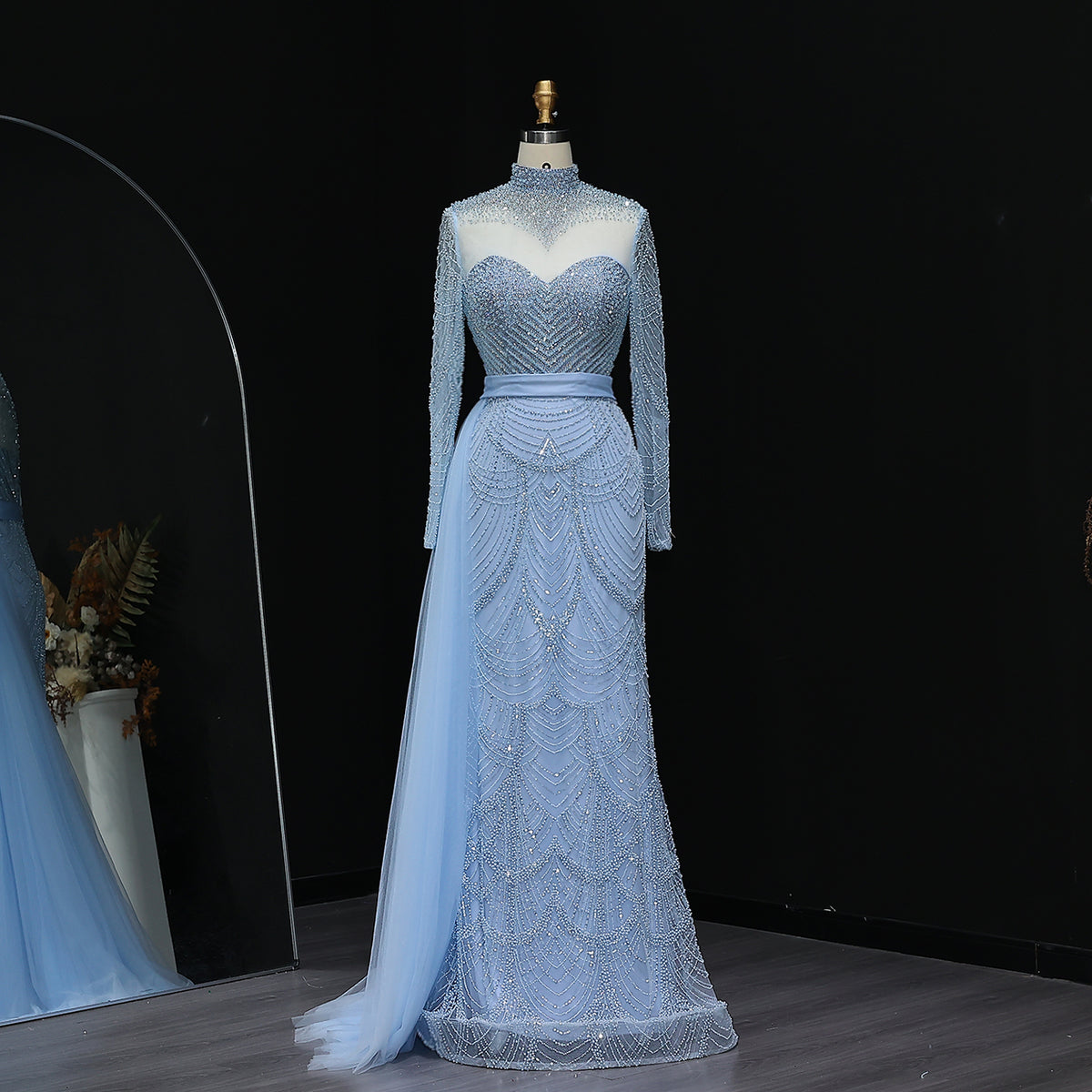 Stunning Beaded Sky Blue Long Sleeves Evening Gown SS015