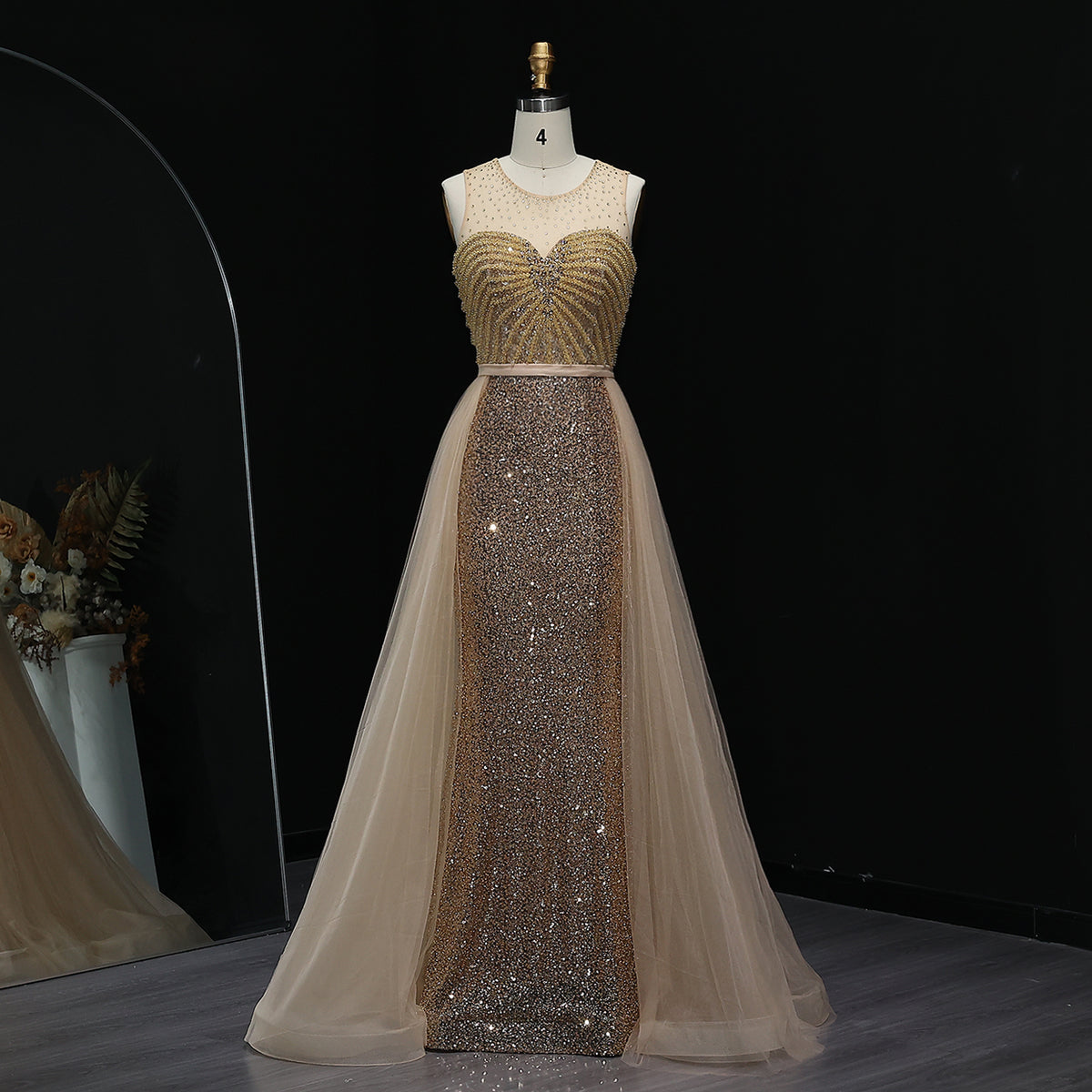Sparkly Crystal Gold Evening Dress with Overskirt SS011