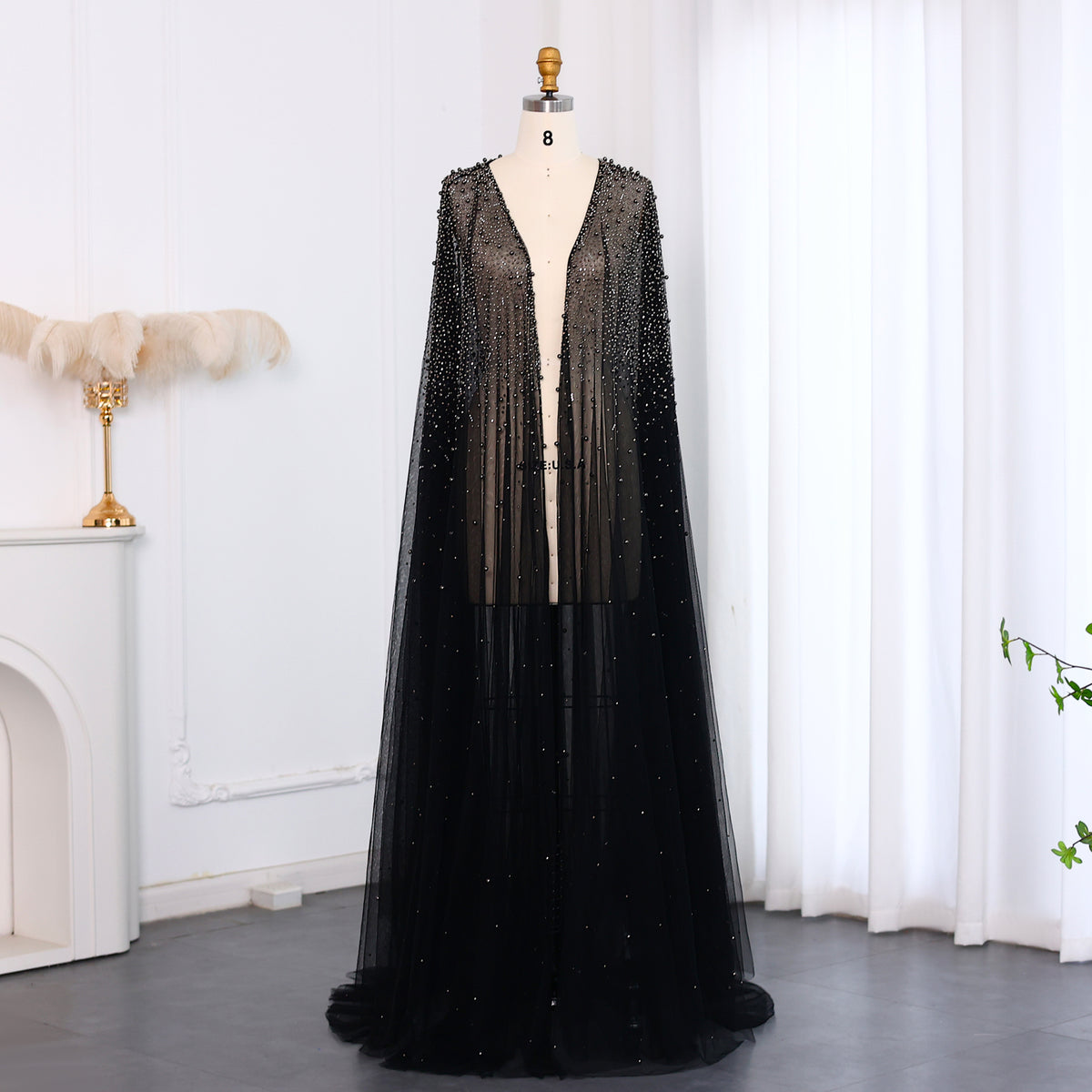 Elegant Black Beaded Long Cape Evening Dress SF082