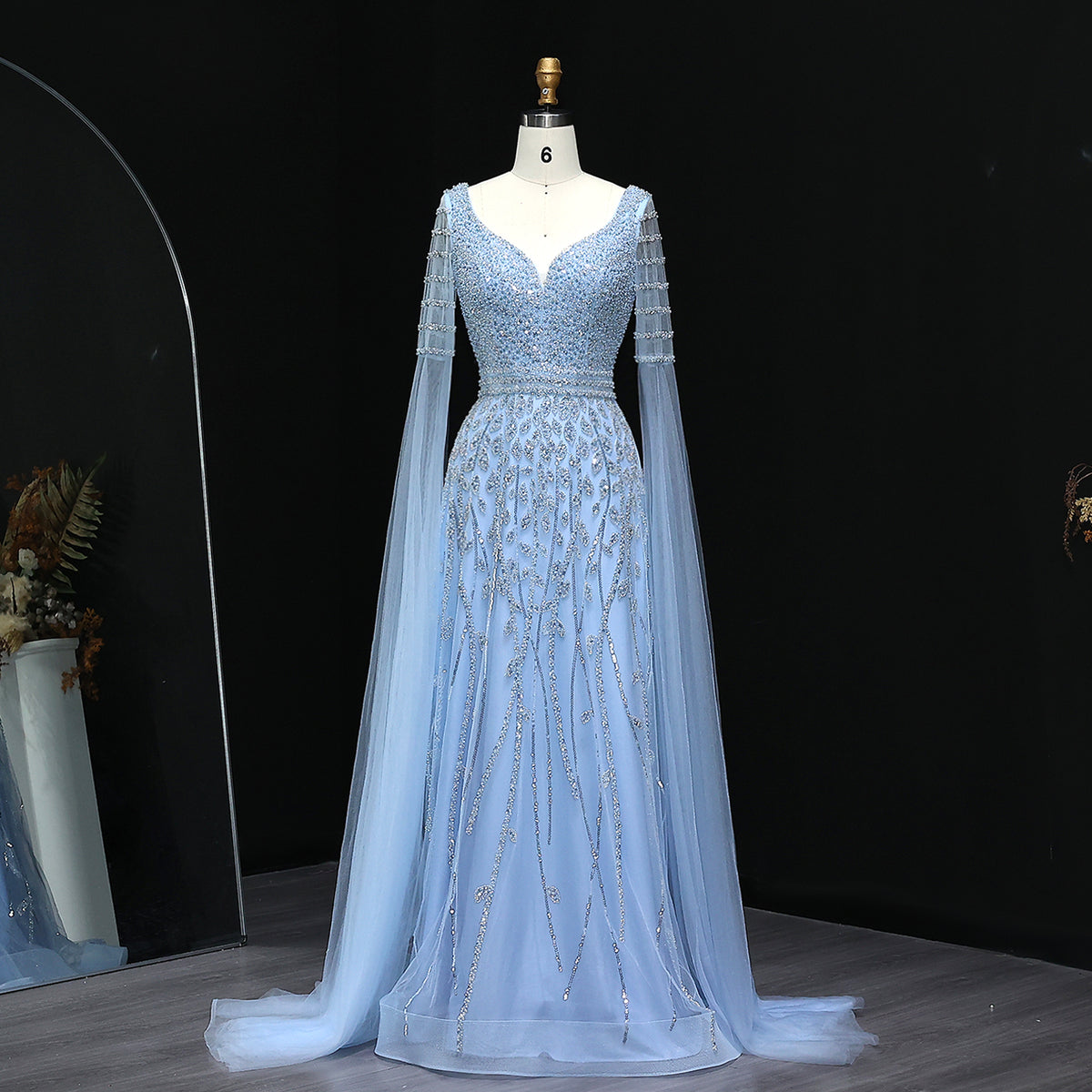 Elegant Pink Beaded Evening Dress with Cape Sleeves SS034