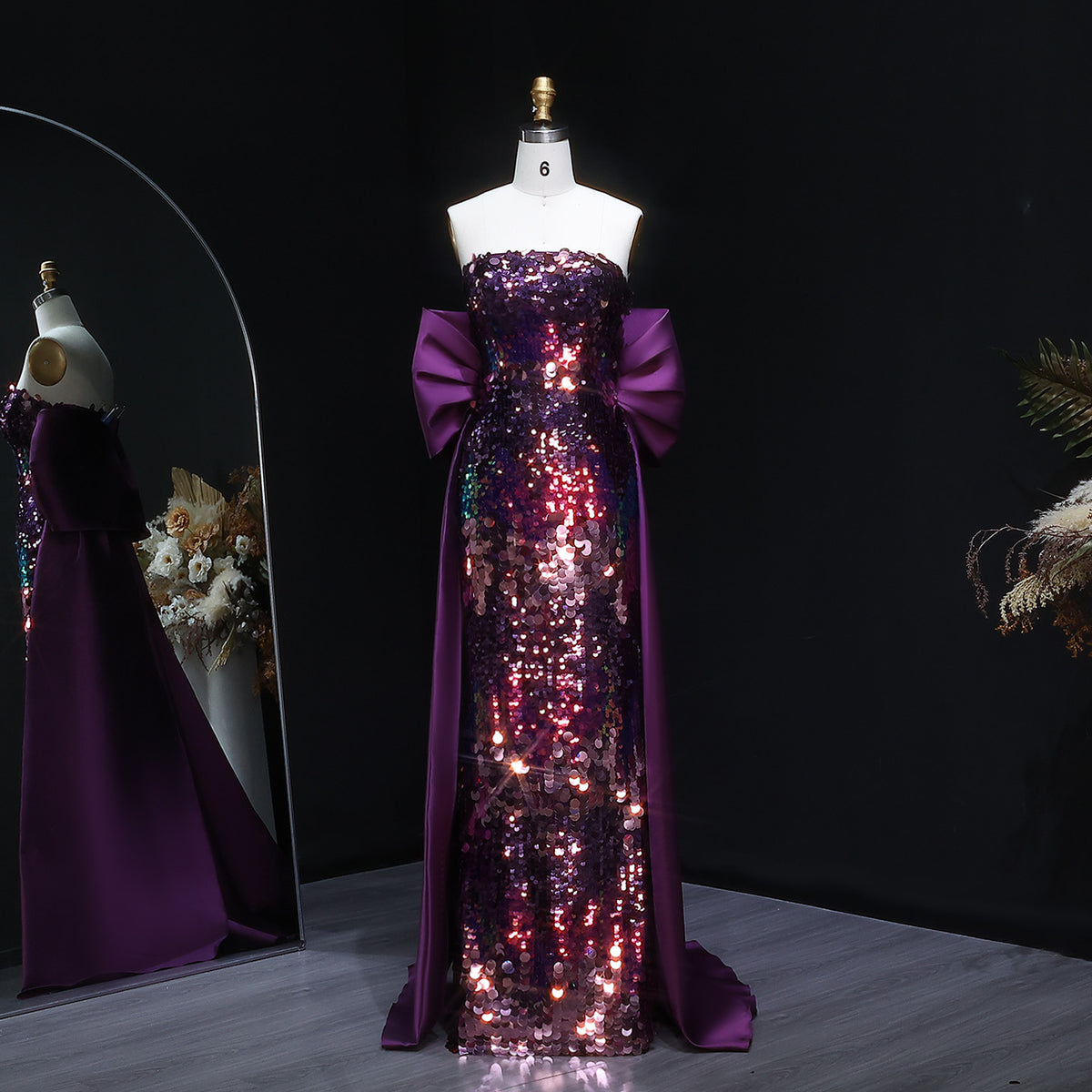 Luxury Purple Sequin Evening Dress with Big Bow and Train SF039