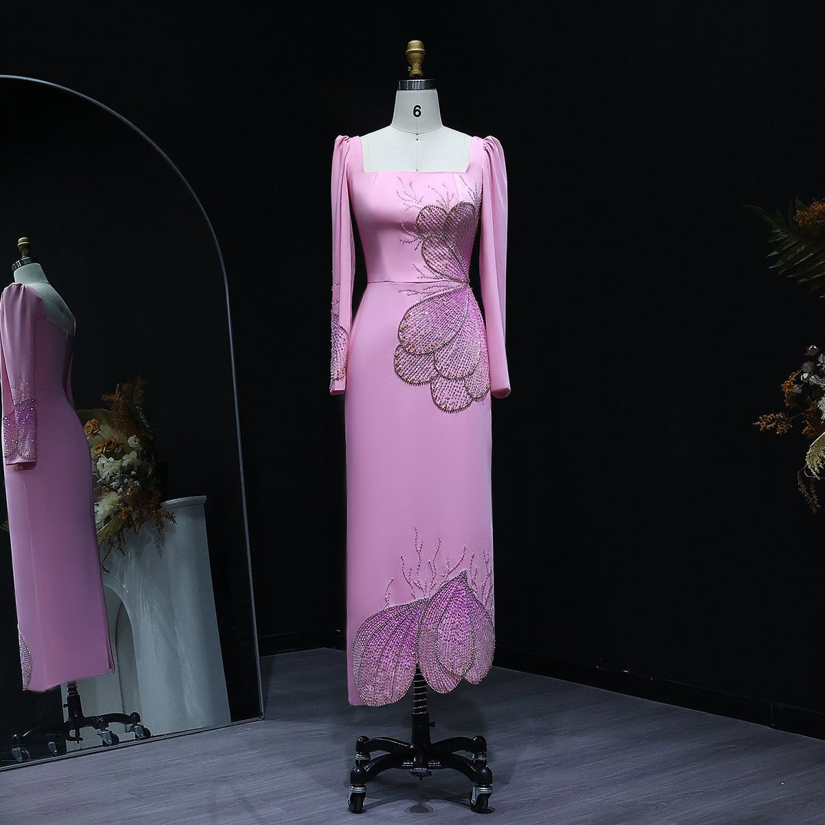 Elegant Pink Butterfly Beaded Long Sleeves Evening Dress SS262