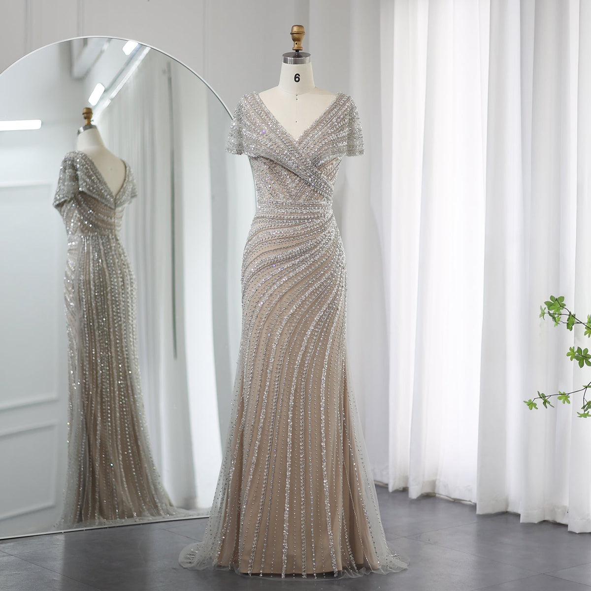 Luxury Silver Nude Mermaid Evening Dress with Cap Sleeves SS045