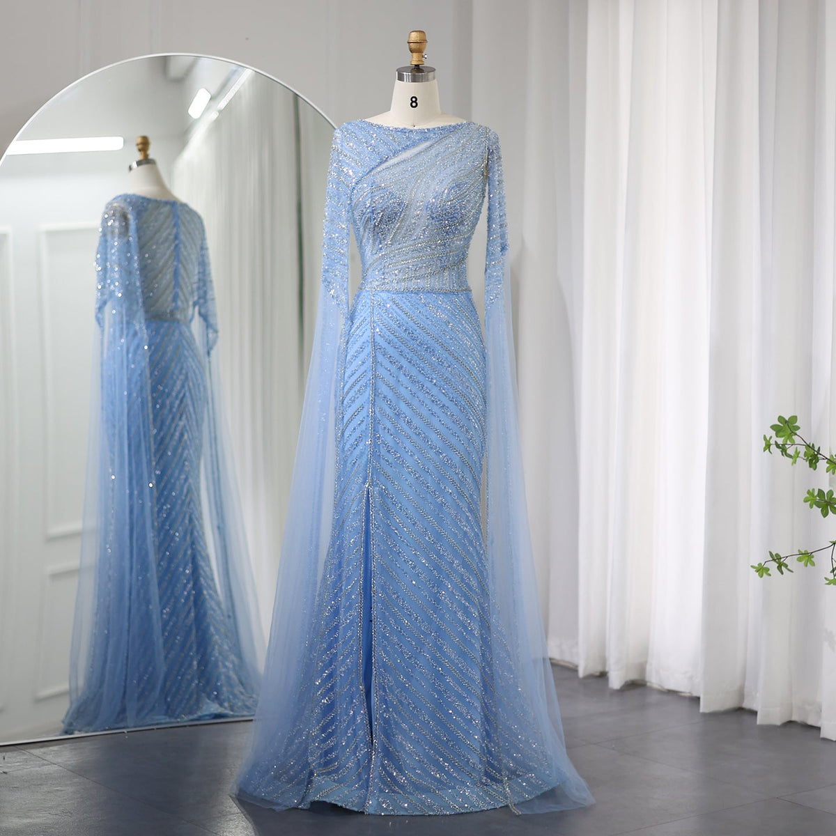 Luxury Beaded Blue Mermaid Evening Dress with Cape Sleeves SS087