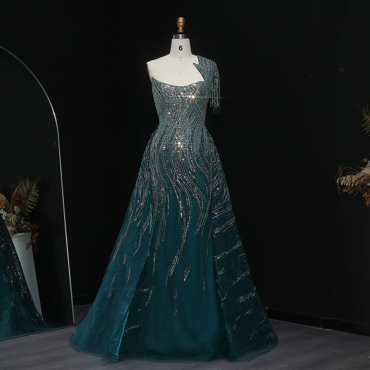 Luxury Green Tassel Evening Dress with Overskirt SS008