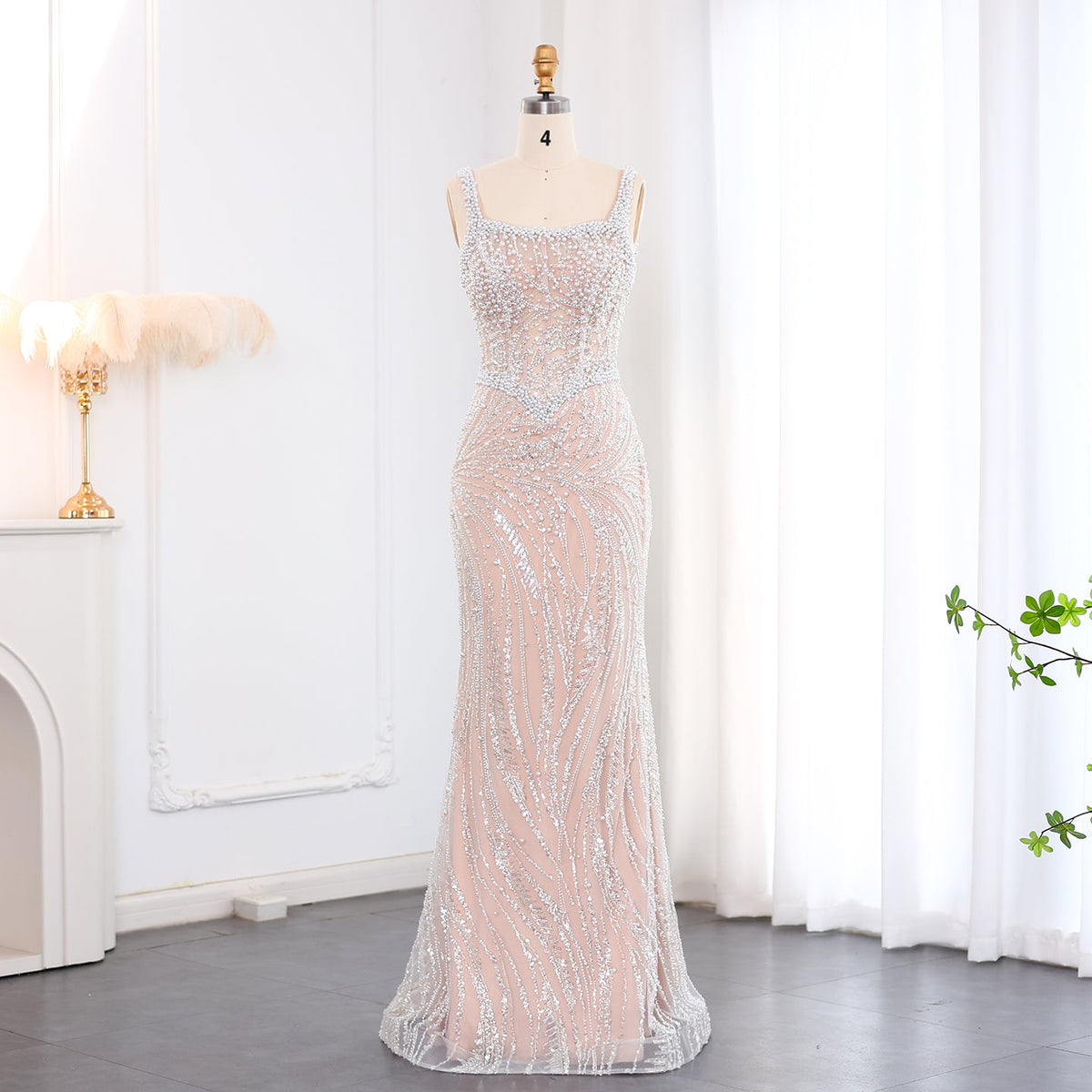 Elegant Mermaid White Nude Pearls Evening Dress SS706