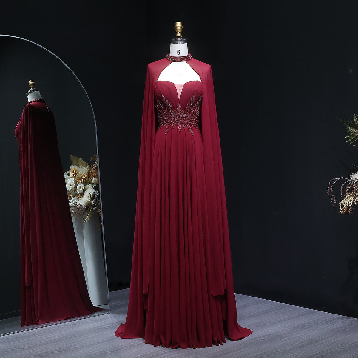 Elegant Crystal Burgundy Mermaid Evening Dress with Cape SF329