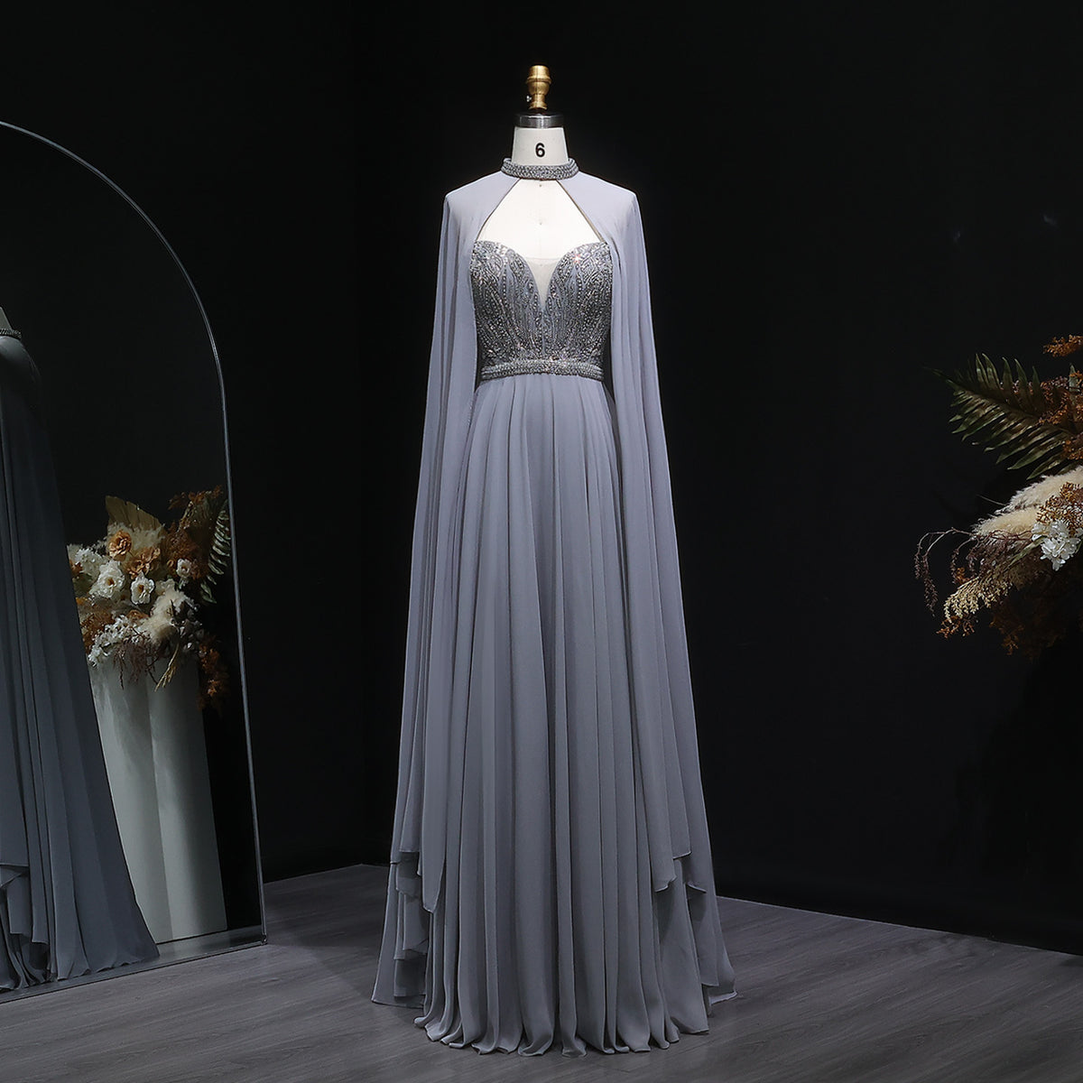 Luxury Gray Mermaid Evening Dress with Cape Sleeves SF330