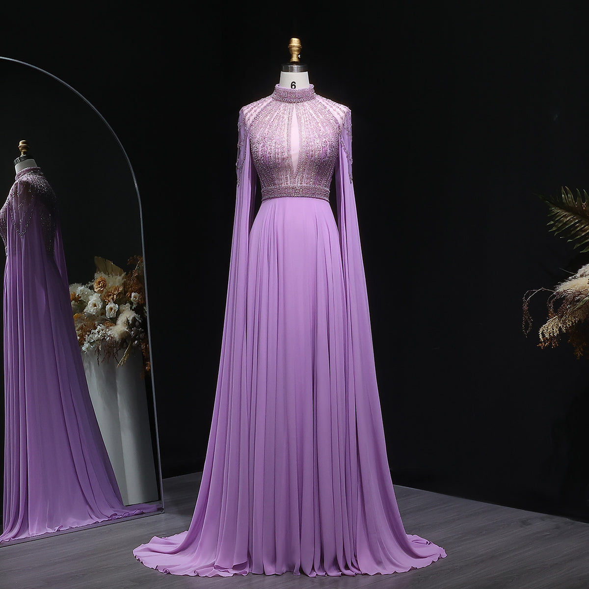 Luxury Lilac Beaded Turkish Evening Dress with Cape Sleeve SF338