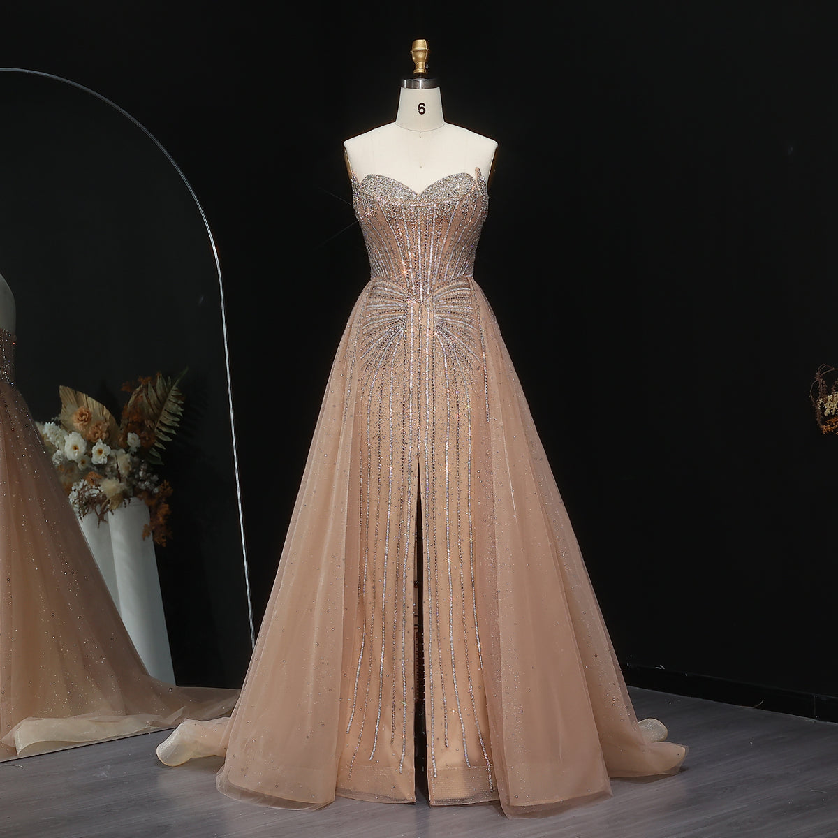 Luxury Beaded Champagne Evening Dress with Overskirt SS360