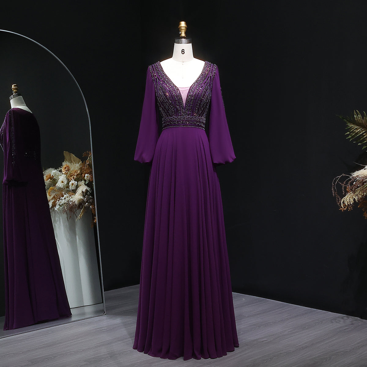 Luxury Purple Beaded Evening Dress with Sleeves SF357