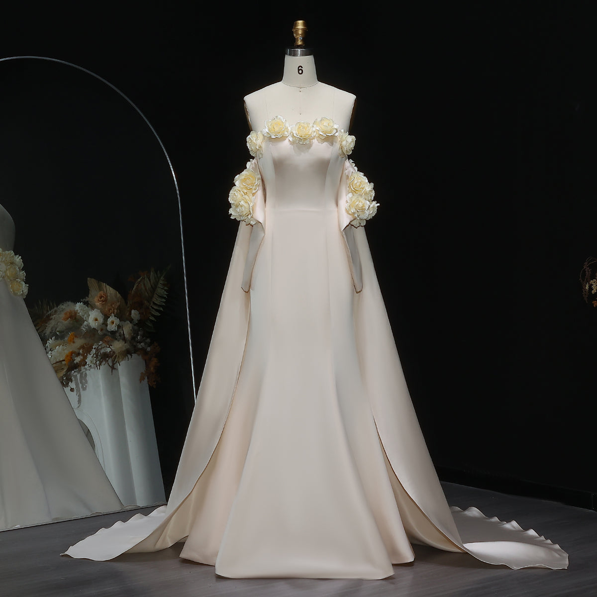 Elegant 3D Flowers Peach Mermaid Evening Dress with Cape SF189