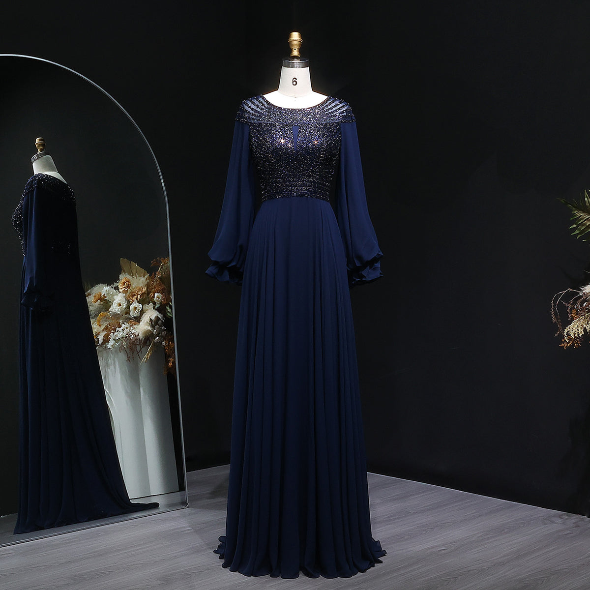 Luxury Beaded Burgundy Turkish Evening Dress with Sleeves SF354