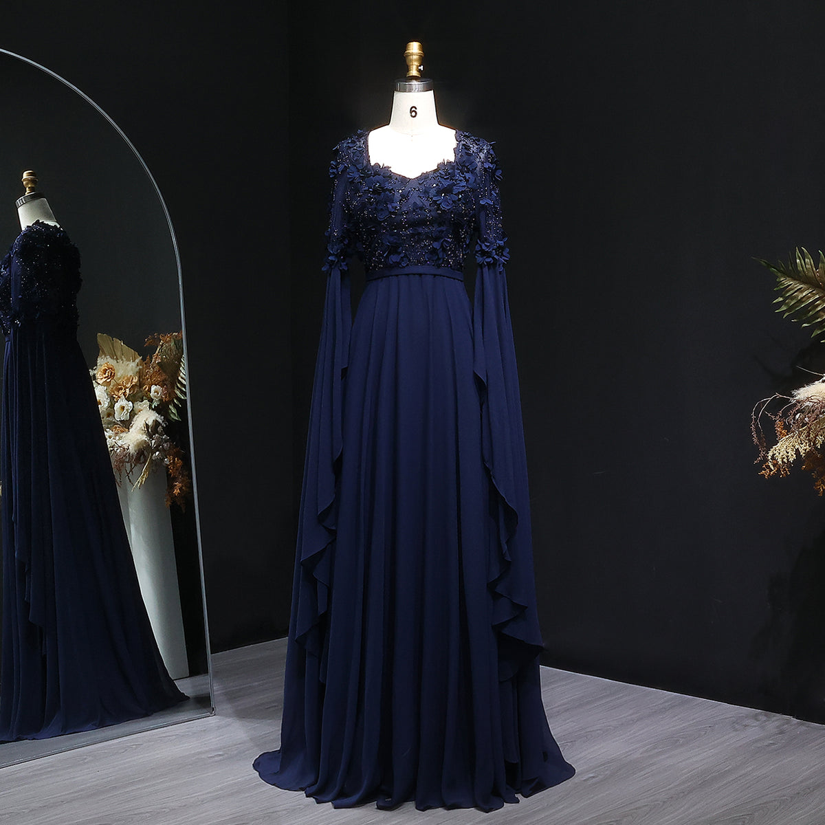 Elegant 3D Flowers Beaded Evening Dress with Cape Sleeves SF353