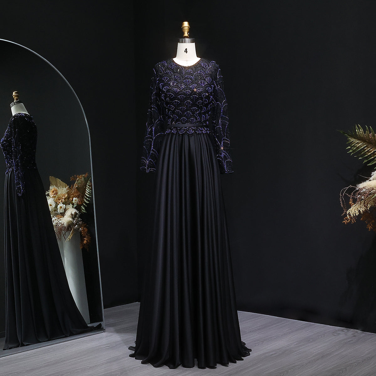 Elegant Black Beaded Evening Dress with Sleeves SF320