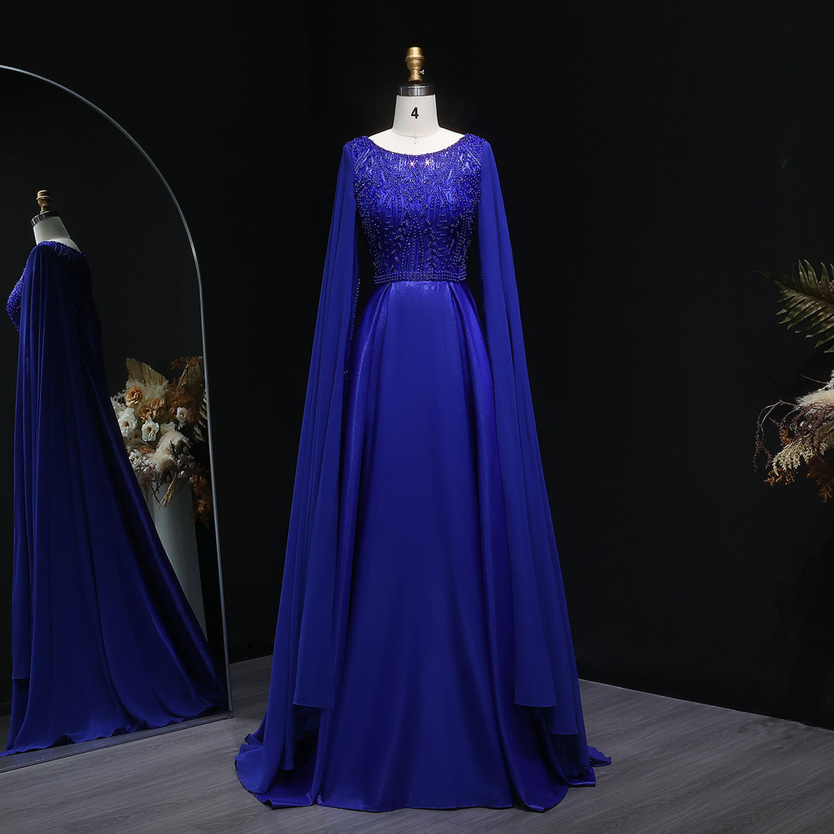 Luxury Royal Blue Beaded Evening Dress with Cape Sleeves SF359