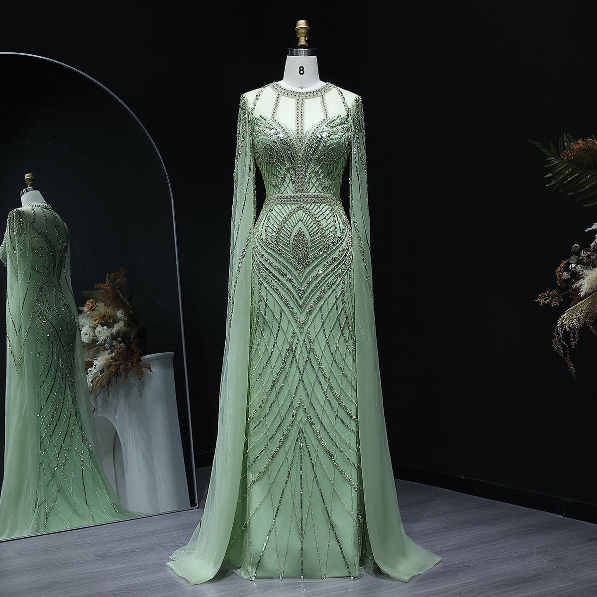 Luxury Green Mermaid Evening Dress with Cape Sleeves SS042