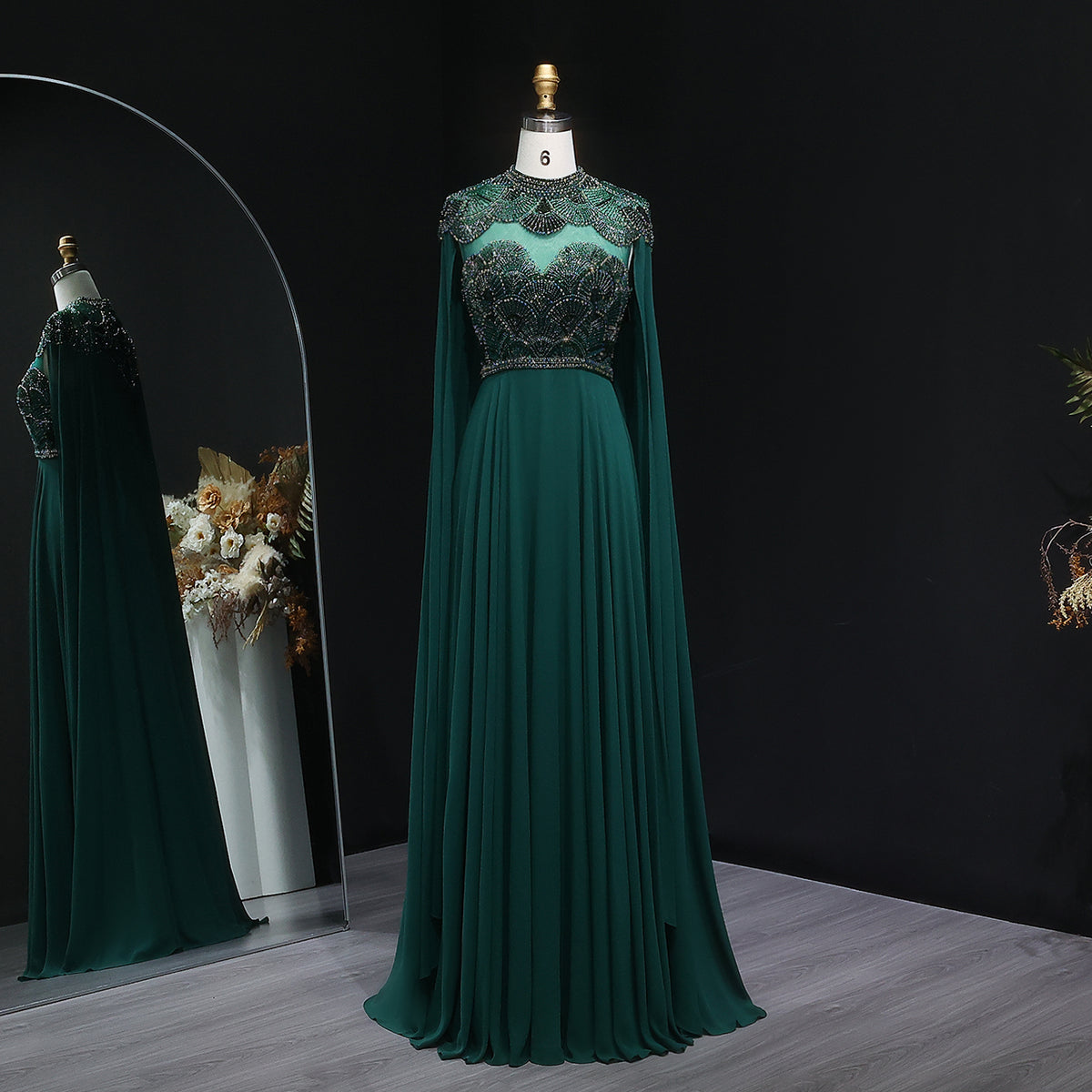 Luxury Beaded Green Evening Dress with Cape Sleeves SF358