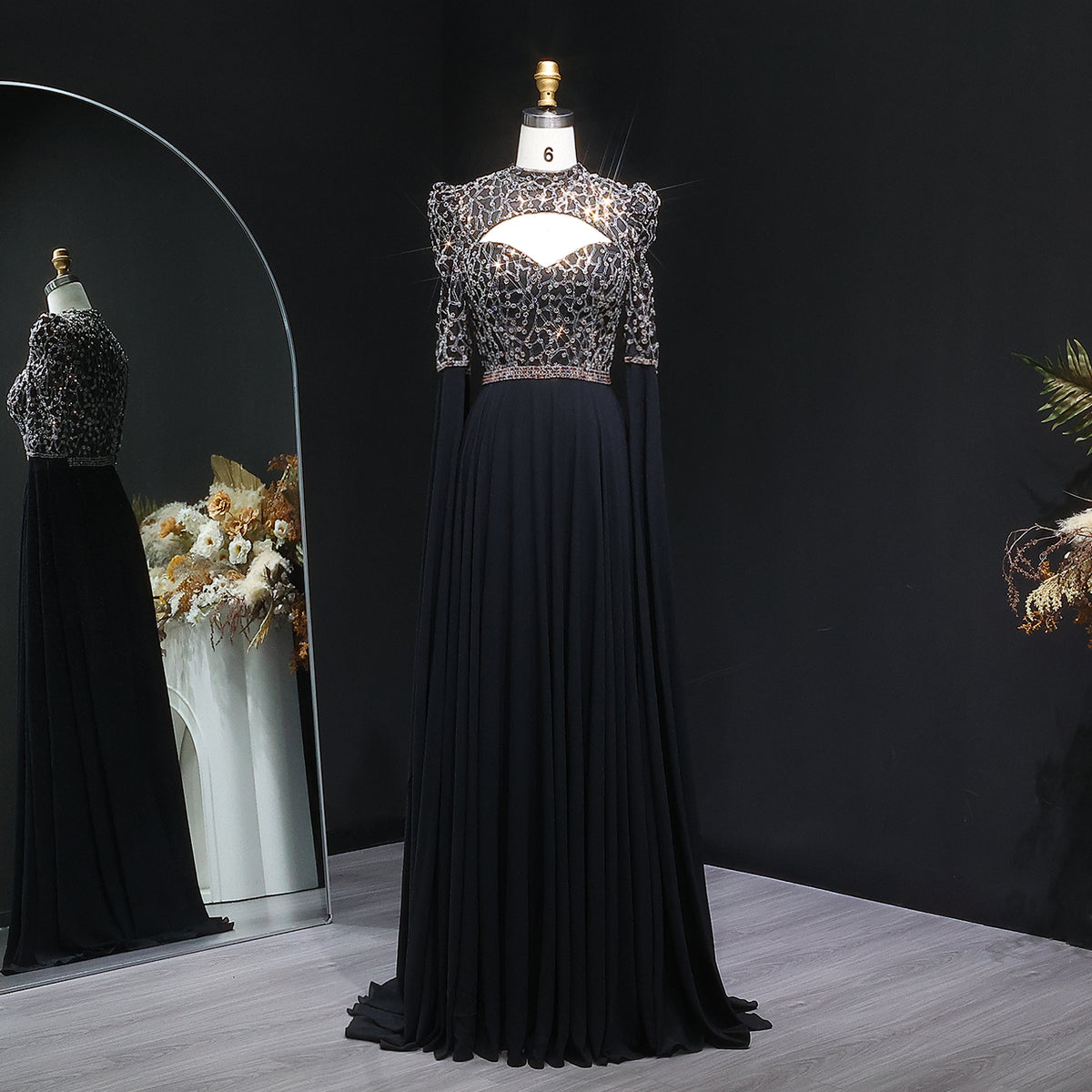 Luxury Crystal Black Evening Dress with Cape Sleeves SF349