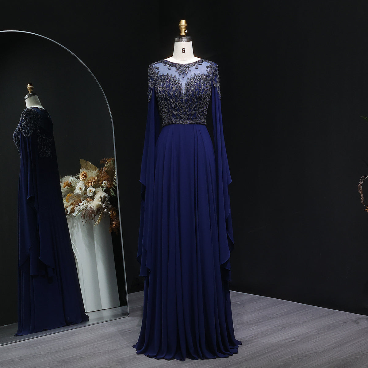 Luxury Crystal Navy Blue Turkish Evening Dress with Cape Sleeves SF324