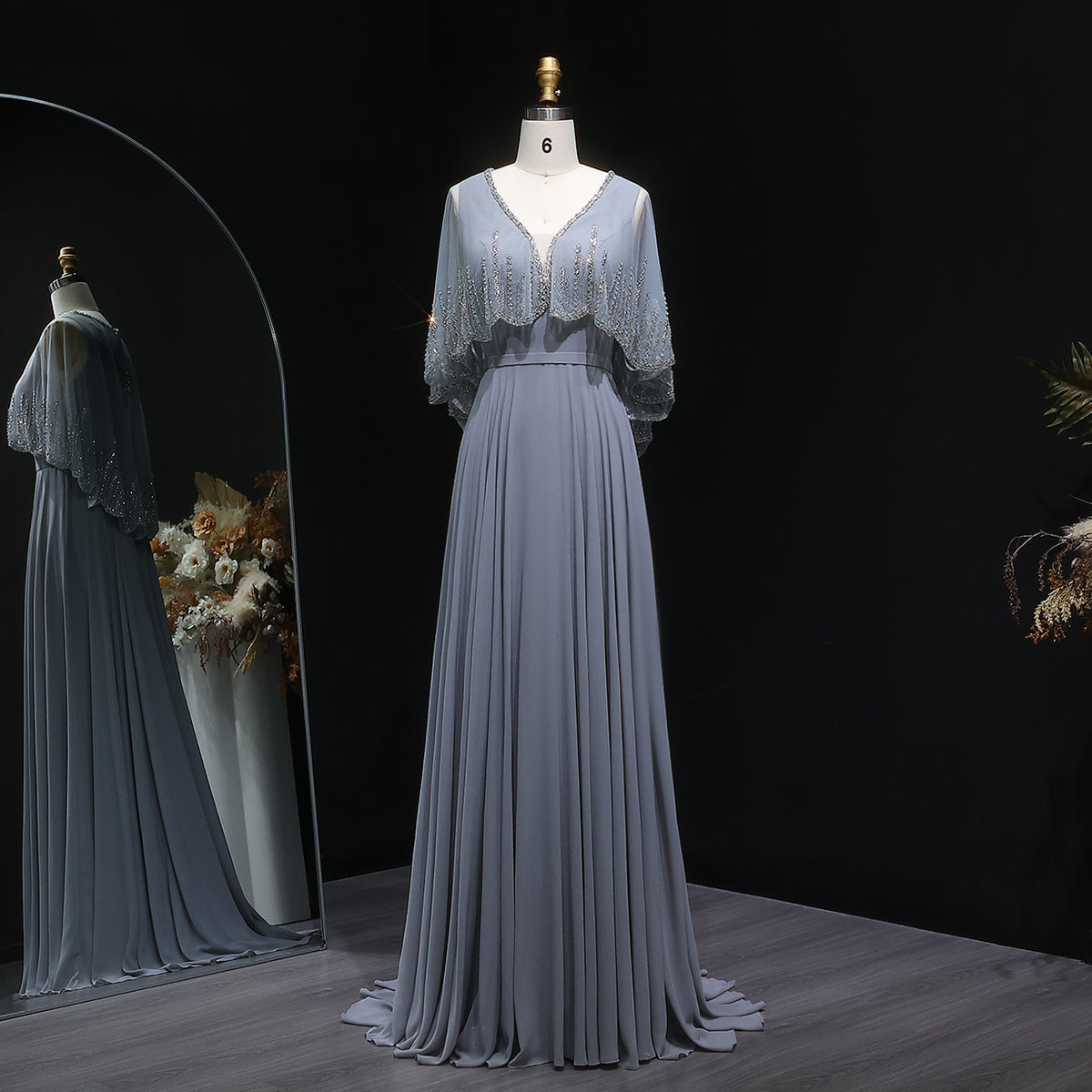 Elegant Gray Beaded Evening Dress with Cape SF327
