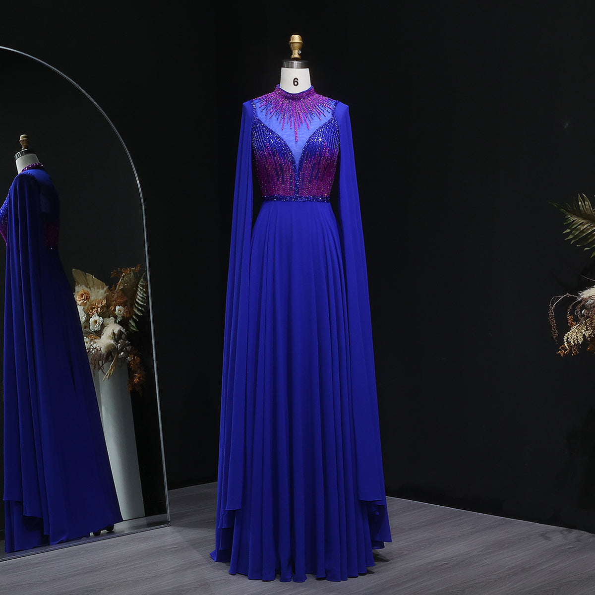 Elegant Royal Blue Beaded Evening Dress with Cape Sleeves SF326