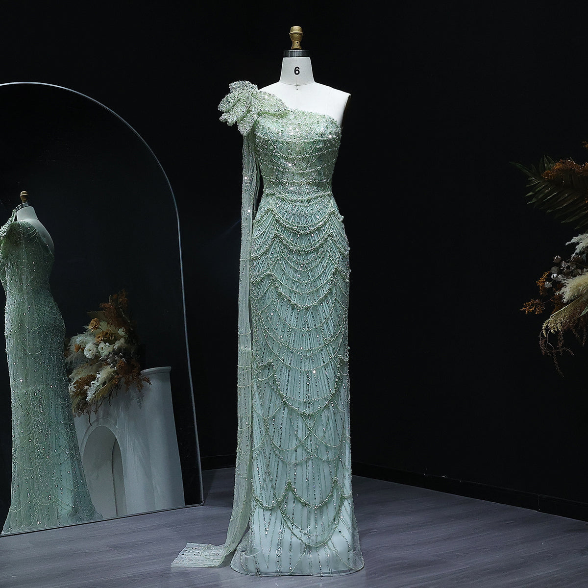 Luxury Pearls 3D Flower Green One Shoulder Evening Dress SS688