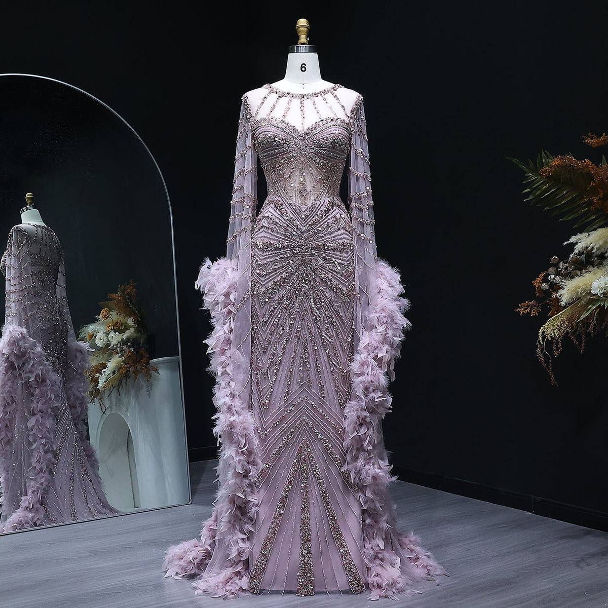 Luxury Beaded Evening Dress with Feather Cape Sleeves SS082