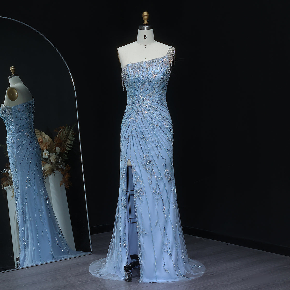 Stunning Pearls Blue One Shoulder Tassels Evening Dress SS031