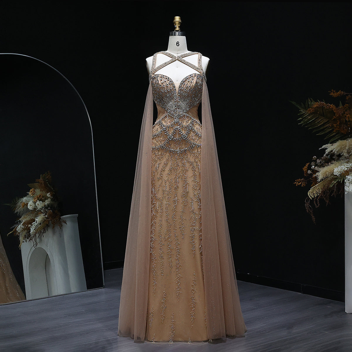 Elegant Crystal Champagne Evening Dress with Cape Sleeves SS211