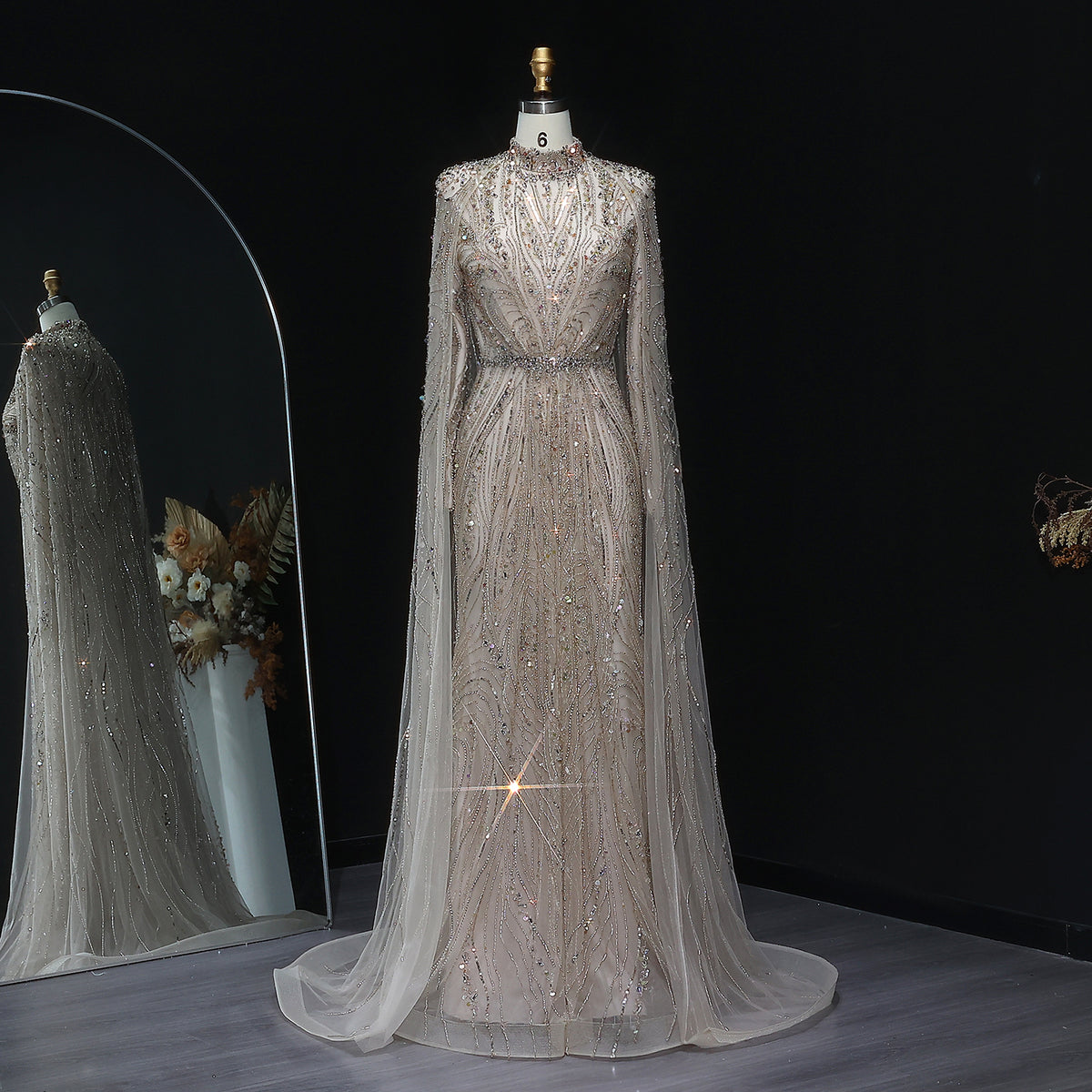 Luxury Champagne Long Sleeve High Neck Evening Dress with Cape SS366