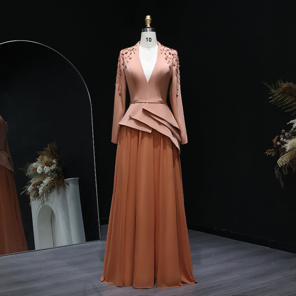 Elegant Crystal Orange Evening Dress with Long Sleeves SS216
