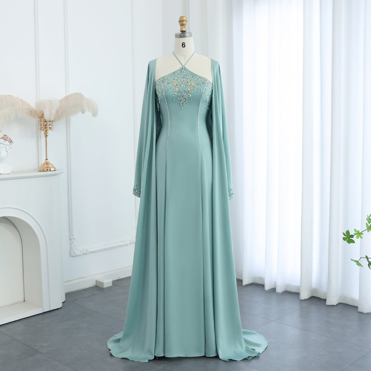 Elegant Crystal Sage Green Halter Evening Dresses with Cape SS301